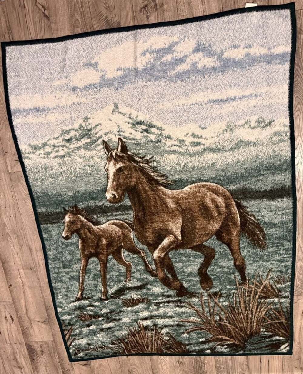 Vintage Biederlack Reversible Horse Scene Throw Blanket